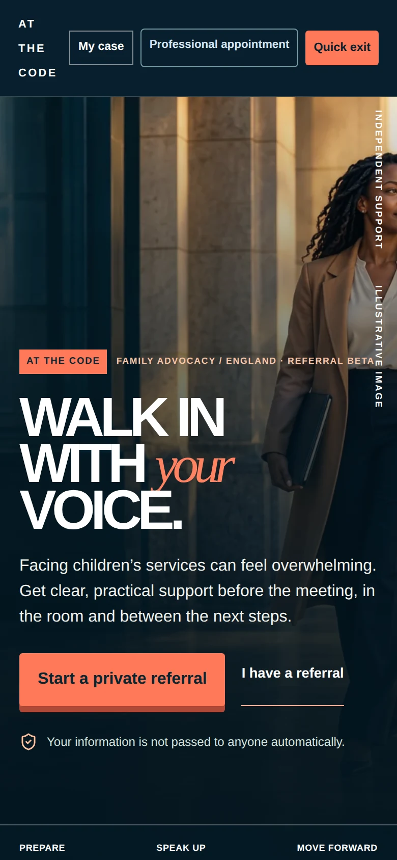 Screenshot of the public AT THE CODE Family Advocacy welcome page