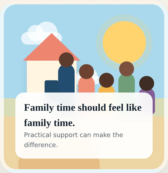 Illustration from the Family Support page of a family together outside a house